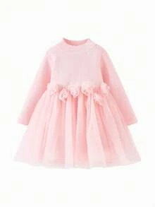 mini bala 2026年冬季女童薄纱连衣裙，甜美公主高领连衣裙 - 白紅色 - 查看 4