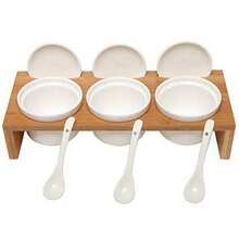 MyGift Juego de 3 tazones ramekines salseros para condimentos hechos en cerámica color blanco incluyen tapas cucharas y soporte hecho de bambú - Blanco - Ver 6