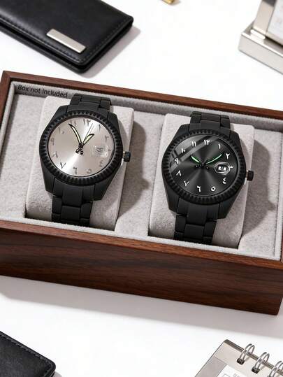 2 件套酷炫时尚男士石英表，男士配饰手表套装的一部分，采用黑色链式表带、夜光指针和日期显示表盘设计，风格沉稳锐利，散发迷人魅力。