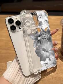 Floral Pattern Transparent Full Coverage Phone Case, Gray Floral Design, Compatible With IPhone 17/17 Air/17 Pro/17 Pro Max/16 Pro Max, 15, 14 Plus, 13, 12, 11, Waterproof, Shockproof, Anti-Fall, Anti-Scratch Protective Cover - Clear - View 3