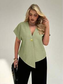 Stylish Plus Size Short Sleeve V Neck Woven Top Featuring Gold Button And Asymmetrical Hem Blouse Blouse For Women Plus Size Elegant Summer - Mint Green - View 4