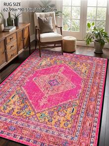 1pc Vintage Distressed Persian Style Rug, Red Bohemian Moroccan Comfortable Polyester, Pink Rug Rectangular Easy Care Washable Area Carpet, Suitable For Living Room, Hallway, Bedside, Sitting Room, Bedroom, Home Decor - Multicolor - View 27