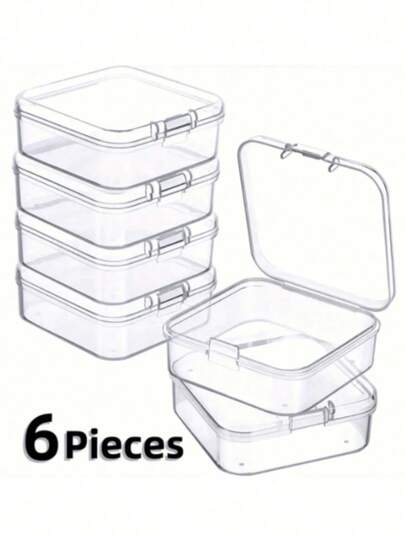 6pcs Square Transparent Plastic Storage Boxes, Small Items, Stationery, Jewelry Organizer Boxes With Lids, Earrings, Stickers, PP Parts Organizer Boxes