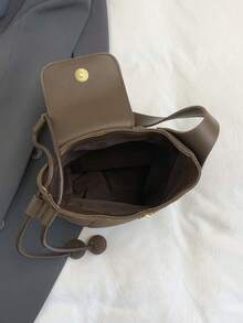 Solid Color Personalized Suede Flap Shoulder Bag, Casual Versatile, Spherical Hanging Decoration, Women's Bucket Bag Style, Suitable For Shopping, Wallet Carrying, Young Women, College Students, Newlyweds, White-Collar Etc. Also Very Suitable For Office, University, Work, Business, Commuting, Outdoor Activities, Travel And Outings. - Coffee - View 9