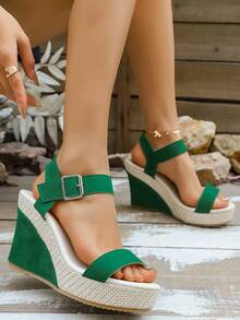 Black Suede Elegant Women's Platform Heels | Ankle Strap, Breathable Suede, All Season, Distinctive Square Toe Design, Fashionable Wedge Thick Bottom Mules - Green - View 8