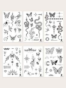 CAT QUEEN ART 6片/1张半永久纹身贴纸，天然植物成分，Y2K元素蝴蝶、精灵蛇、燕子、花朵、星月图案，临时假纹身贴纸，适合DIY嘉年华、情人节、派对礼物，可贴于手腕、脚踝、肩膀、脖子、锁骨等部位，可维持1-2周，不褪色、不反光、防水，逼真纹身贴纸。 - 藍色 - 查看 13