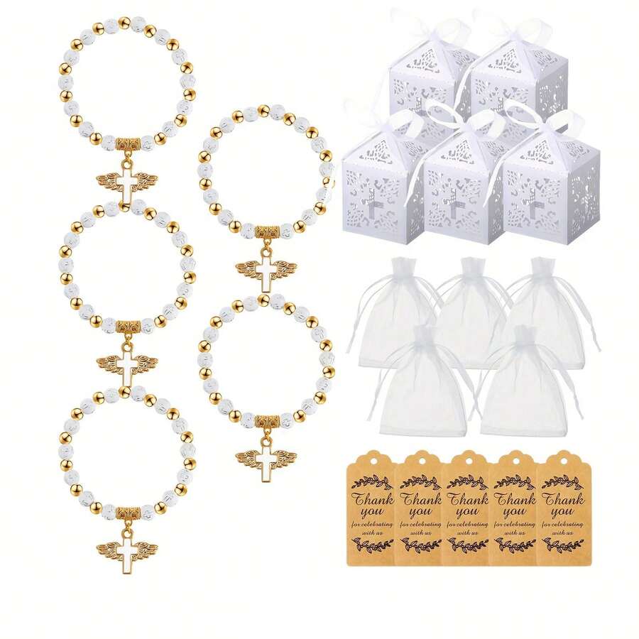 36pcs/18sets Beaded Bracelets, Including 18pcs Bracelets And 18pcs Organza Bags, Suitable As Gifts For Bridal Shower, First Communion, Birthday Party, Christening - Multicolor - View 1