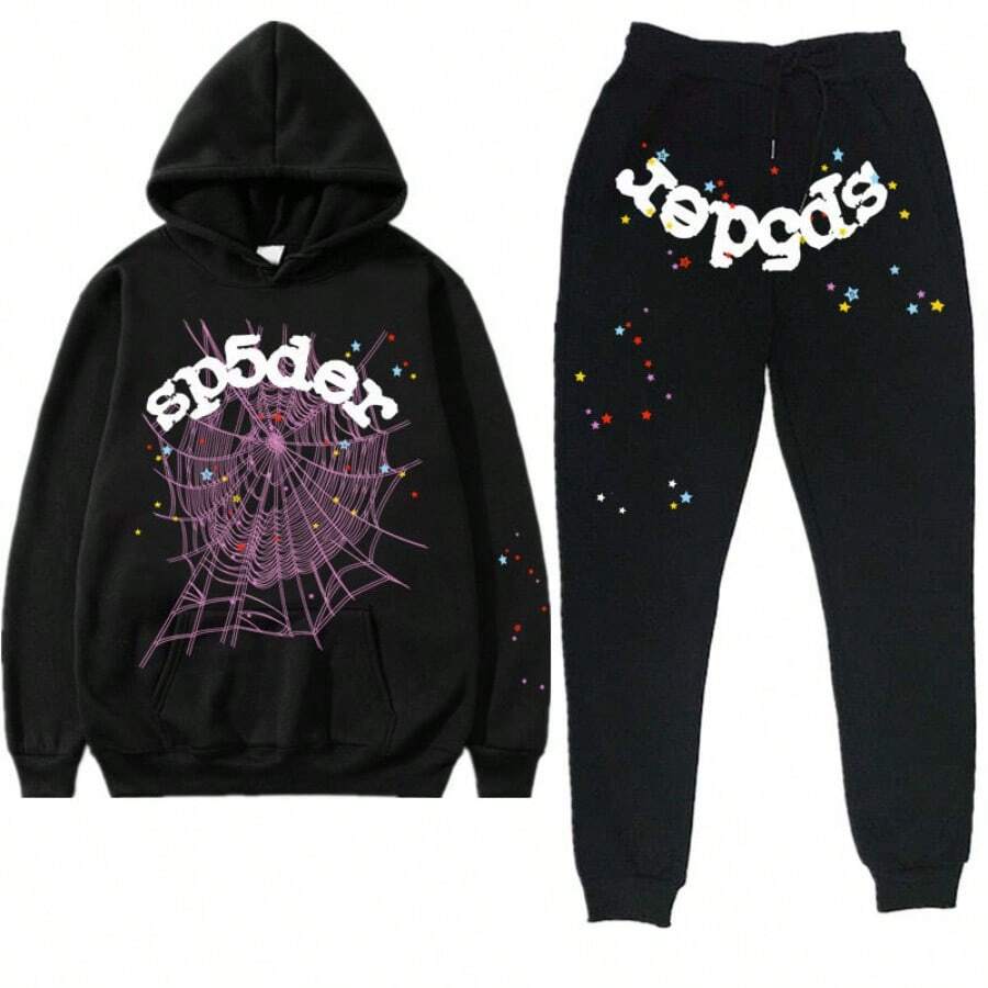 Spider Web Fashion Hip-Hop Printed Flower Hoodie, European And American  Brand Large-Sized Loose Men's And Women's Hooded Sweatshirt Set - 黑色 - 查看 1
