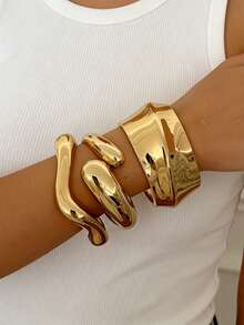 3 peças/1 conjunto Conjunto de Pulseiras Vintage Elegantes de Moda Exagerada em Metal CCB Geométrico Assimétrico em Formato de Gota d'Água e Onda Suave, Aberta, Minimalista, Versátil, Hip-Hop, de Luxo e Alta Qualidade, Adequada para Mulheres, Homens, Casais, Festas, Datas, Presentes, Uso Diário e Acessório para Todas as Estações - Ouro amarelo - Visão 2