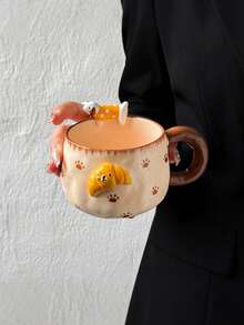 1pc Embossed Ox Horn Puppy Ceramic Mug, Underglaze Latte Coffee Cup, Breakfast Milk Cup, Office Water Cup, Summer Iced Cola/Water Cup, Couple Cup, Holiday Gift - Multicolor - View 7