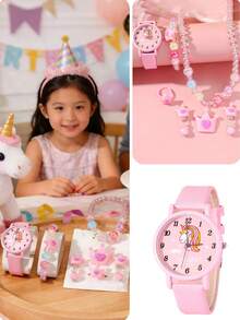 6pcs/Set Cute Cartoon Children's Quartz Watch Set - Pink Watch + Necklace Bracelet Ring Earrings, Princess Style Birthday Gift, Year-End Promotion, Holiday Gift, Birthday Present - Pink - View 1