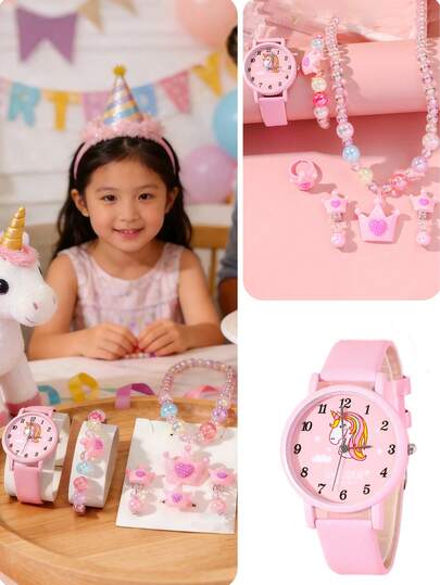 Set de 6 piezas Reloj de cuarzo con diseño de dibujos animados lindos para niños - Reloj rosa + Collar Pulsera Anillo Aretes, Estilo princesa, Regalo de cumpleaños, Promoción de fin de año, Regalo navideño