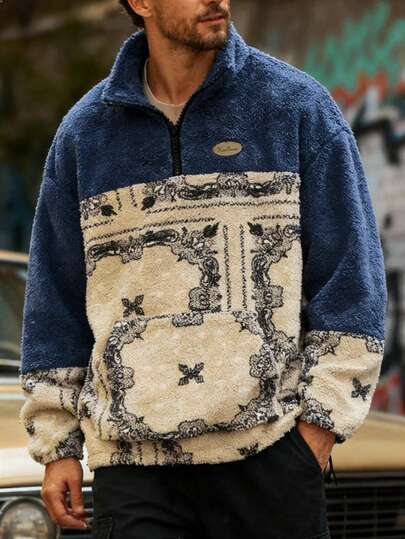 Men's Fashion Classic Personalized Solid Color Patchwork Cashew Flower Stand Collar Woven Label Zipper Half-Open Hem Elastic Drawstring Design Jacket, Suitable For Casual, Fashion, Minimalist Street Style, Outdoor, Commuting, Winter Long Sleeve Pullover Pullover Sweatshirt