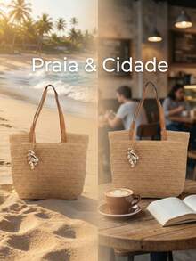 Women's Straw Bag, Beach Style, Summer, Braided Strap With Shell Pendant, Chic, Minimalist, Unisex - 卡其色 - 查看 6