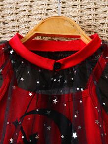 Young Girl' Contrast Mesh Shawl Strap Mesh Dress, Spring/Summer - Red and Black - View 4