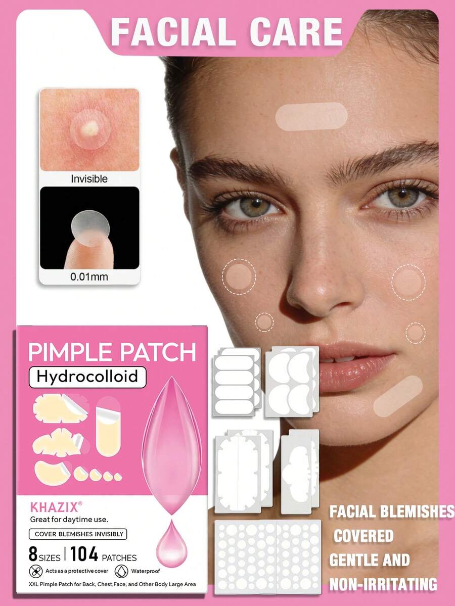 104pcs Acne Pimple Patch Variety Pack, Suitable For Back, Face, Abdomen And Body, Gentle And Non-Irritating, Hydrocolloid Material With Tea Tree Oil Extract - Multicolor - View 1