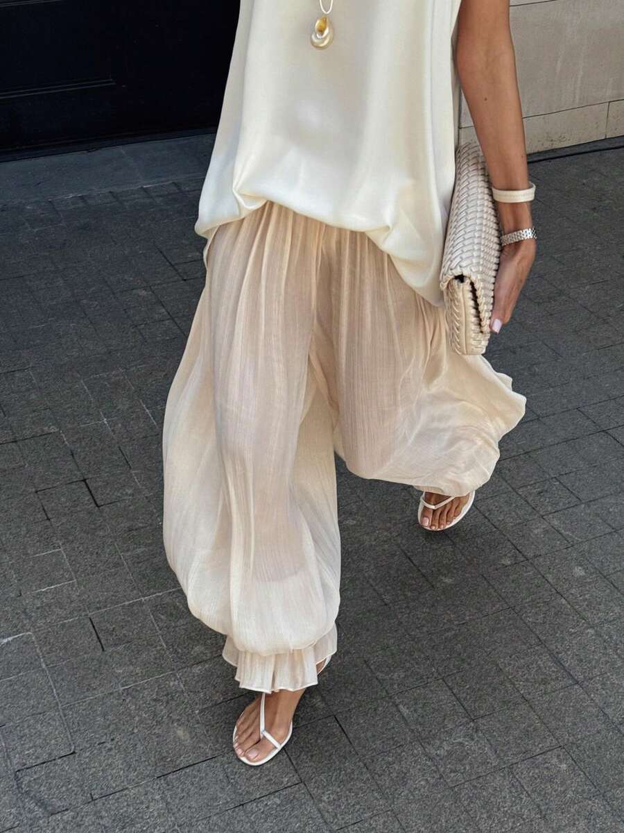 Women Baggy Balloon Long Pants Bubble Pleated Oversized Bloomers Elastic High Waist Wide Leg Lantern Harem Pants - Màu be - Xem 1