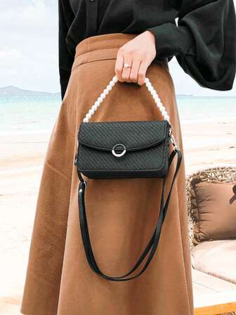 Borsa a spalla mini da donna con perle, chiusura con cerniera, borsa a spalla/a tracolla multiscomparto e multifunzione, compatta, elegante, leggera, minimalista