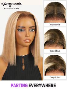 MEGALOOK 金色渐变挑染柔顺直发波波头假发，100%真人发丝 - 预剪裁6x5蕾丝，易于佩戴，预先拔毛，隐形打结，无需胶水，短款波波头真人发蕾丝闭合假发，透明蕾丝透气帽，12英寸 - 无需胶水，新手友好，自然逼真，日常佩戴 - S4/613 - 查看 5