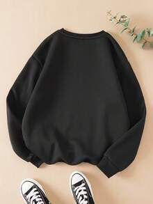 Sudadera gráfica de pavo de Acción de Gracias para mujeres, sudadera casual de poliéster con cuello redondo, patrón geométrico, tejido de punto, colección de otoño/invierno - Negro - Ver 2