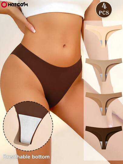 4pcs/Pack Solid Color Seamless Low-Rise Thong Panties For Women, Sexy & Comfortable Minimalist Underwear