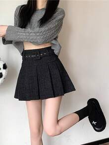 High Waist Slimming Metal Waist Belt A-Line Pleated Skirt, Shiny Tweed Fabric, Fashionable For Daily Wear, Dates, Commuting, Hanging Out With Friends, Autumn/Winter Japanese Chic Style Mini Skirt - Black - View 2