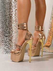 女士高跟时尚凉鞋，圆头搭扣设计，16厘米超细高跟，优雅时尚金色婚鞋，尺码35-42 - 香檳金色 - 查看 1