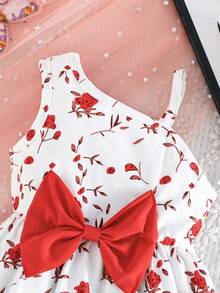Summer Baby Girl Cute Floral Print Bow Decor Strap Dress - Red - View 3