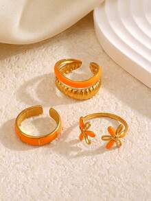 3pcs/Set Stainless Steel Orange Geometric & Bamboo Flower Ring Set, Suitable For Women's Daily & Party Wear - Multicolor - View 6