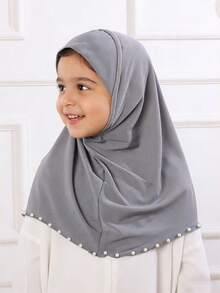 1条斋月女童头巾 - 易于佩戴，快速缠绕，透气珍珠边饰头巾，斋月和开斋节必备 - 淺灰色-珍珠 - 查看 3