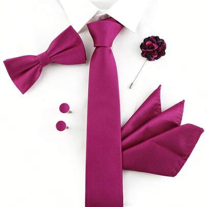 ZONFAZ 5pcs/Set Men's Business Classic Solid Color Necktie + Bow Tie + Pocket Square + Cufflinks + Lapel Pin Suit Accessory Set, Suitable For Weddings, Formal Events And Daily Suit Wear