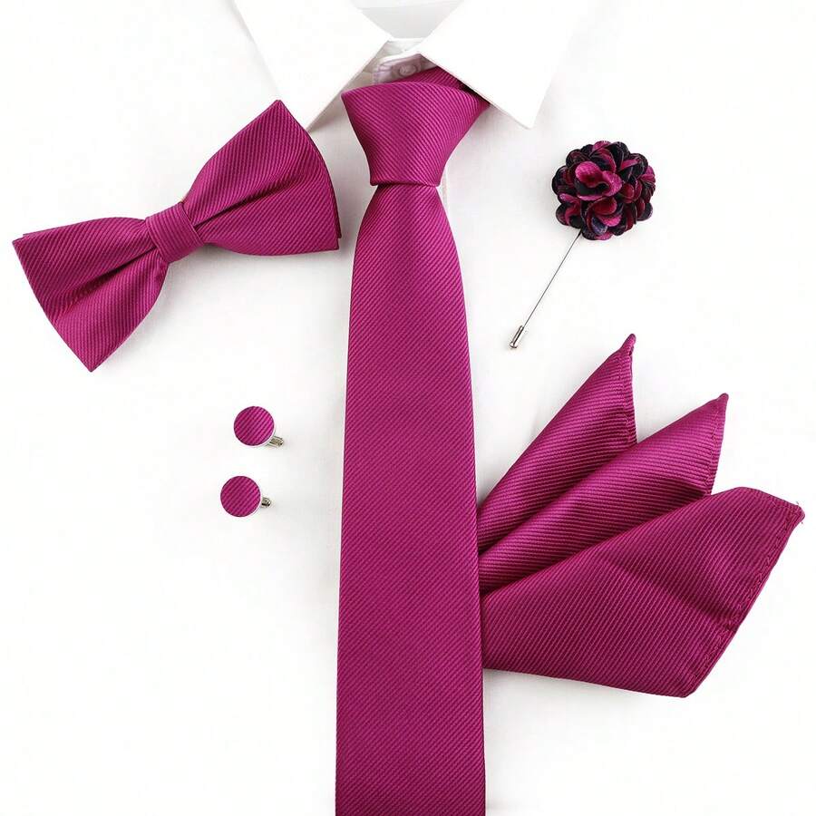 ZONFAZ 5pcs/Set Men's Business Classic Solid Color Necktie + Bow Tie + Pocket Square + Cufflinks + Lapel Pin Suit Accessory Set, Suitable For Weddings, Formal Events And Daily Suit Wear - Rose Red - View 1