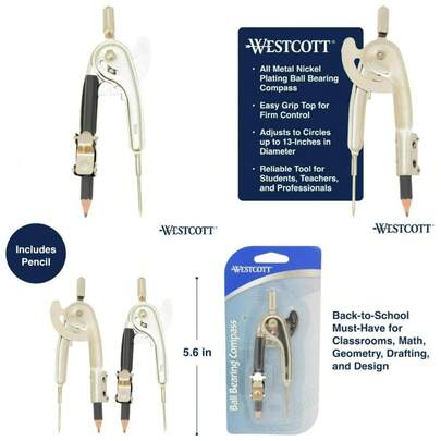 Compás con lápiz chapado en níquel con rodamiento de bolas para suministros escolares de geometría, herramienta de dibujo para círculos de hasta 33 cm