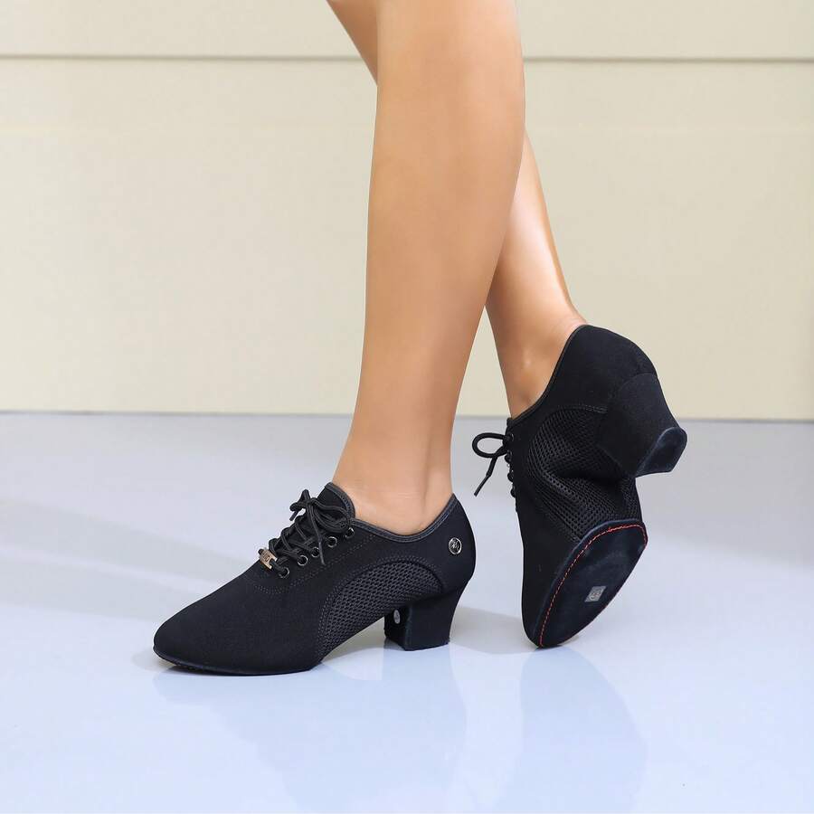 1 Par De Sapatos De Dança Jazz Femininos Em Tecido Patchwork De Malha, Cor Sólida, Estilo Festa Y2K, Salto De 5Cm, Sola Dividida, Sapatos De Dança Para Uso Interno Em Férias, Festas, Academia, Primavera/Verão - Preto - Ver 1