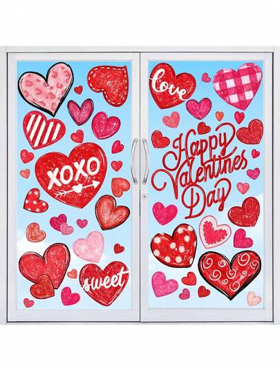 DIY 6 Sheets Valentines Window Cling Double-Sided Pink Red Heart Window Stickers Happy Valentines Window Decals For Home Wedding Anniversary Party Store Glass Holiday Decoration