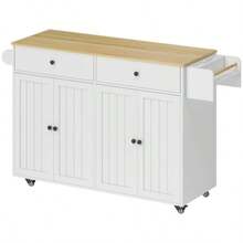Rolling Kitchen Island, 2 Drawers, 2 Cabinets, Movable, Spice Rack, Towel Rail, Knife Rack, MDF, White - White - View 4