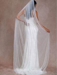 1件珍珠新娘头纱，适合婚礼、摄影道具、婚姻登记处头饰（含发梳）、单身派对头饰（含金属发梳） - 白色 -I - 查看 15