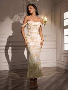 PARTHEA Off-Shoulder Mermaid Hem Ruffle Fitted Maxi Dress Party Elegant Summer - Yellow - View 5