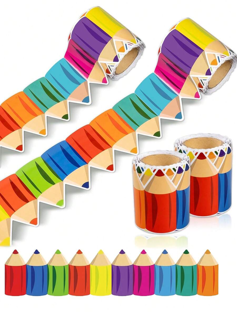 1 Rollo de Pegatinas Decorativas de Borde de Lápiz, Adecuado para Decoración de Manualidades, Pegatinas Creativas y Coloridas para Habitación, Aula, Pizarra, Álbum de Fotos, Decoración de Bordes, Regalos de Fiesta Infantil y Vacaciones - Multicolor - Ver 1