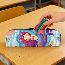 A Cylindrical Pencil Case Adorned With A Cartoon Mermaid Design, Featuring A Unique Aesthetic. Foldable And Lightweight Yet Spacious, It's Perfect For Storing Stationery, Art Supplies, And Office Work Supplies. This Student Stationery Organizer Is Available In Various Styles And Is Ideal For Organizing Your Desk Essentials. Stylish Stationery Bag. - Multicolor - View 10