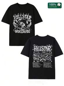 Double-Sided Digital Printed T-Shirt With " Worldswirl" Tour Dates Motif 1Pcs Casual Soft Short Sleeve Pure 100% Cotton 220gsm T - Shirt ,Unisex - 黑色 - 查看 1