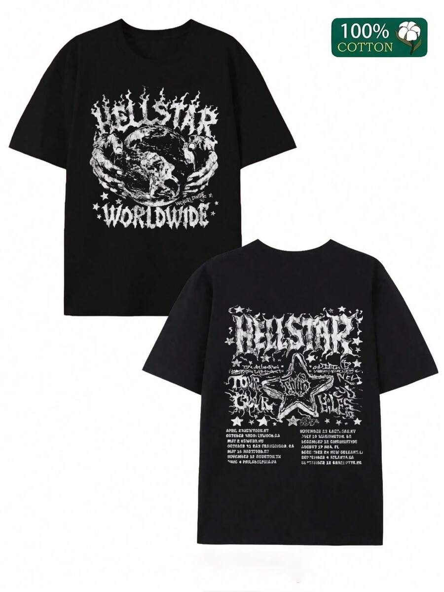 Double-Sided Digital Printed T-Shirt With " Worldswirl" Tour Dates Motif 1Pcs Casual Soft Short Sleeve Pure 100% Cotton 220gsm T - Shirt ,Unisex - 黑色 - 查看 1