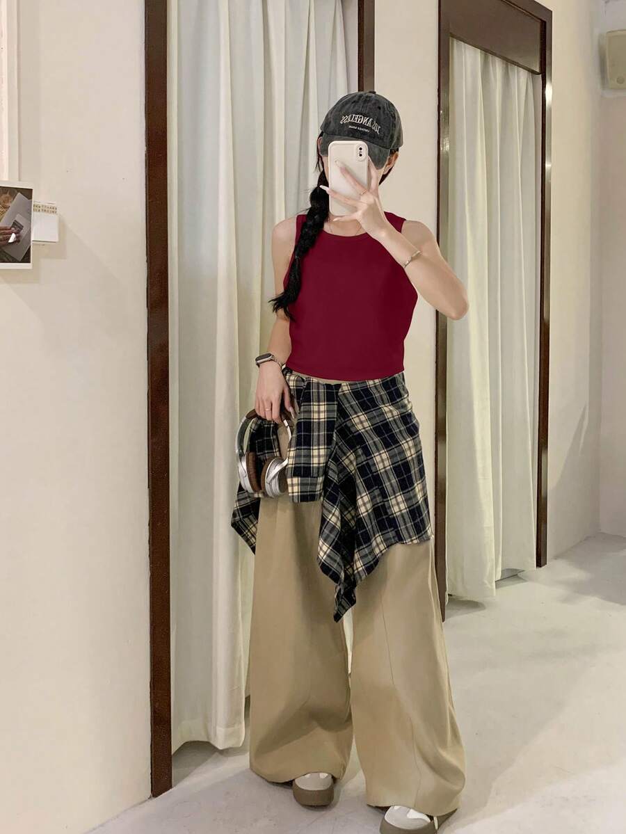 纯色酒红色罗纹针织吊带背心，女士修身夏季露脐休闲上衣 - 酒紅色 - 查看 1