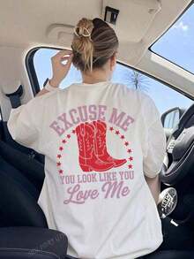 EXCUSE ME Ladies' Summer Street Red Boot Pattern Personalized Print Pattern Round Neck T-Shirt Western Style Clothing Women's Top. Graphic Tees Women Pink Top-White And Navy Off-The-Shoulder Cropped Top- Unisexideal Para Amigos - 白色 - 查看 9