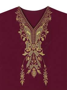 Đầm Kaftan màu đỏ rượu vang dành cho nữ cỡ lớn, cổ chữ V, thêu vàng, tay ngắn, dáng rộng, thoải mái, thích hợp mặc đi biển nghỉ mát. - Đỏ - Xem 5