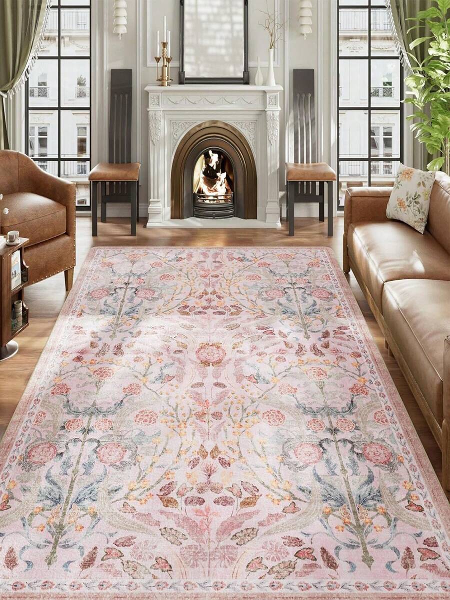 1pc Fluffy Luxurious Soft Bohemian Vintage Pink Area Rug, Non-Slip Washable, Velvet Surface, Perfect For Living Room, Bedroom, Hallway - Elegant Courtyard Design, Adorned With Baroque Pattern, Indoor Living Room Rug - 粉色 - 查看 1