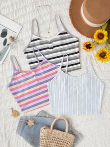 3pcs Women Casual Striped Comfortable Camisole Pajama Top - Multicolor - View 1