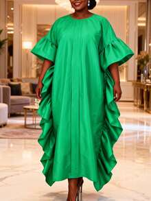 African Style Maxi Dress, Ruffle Flare Sleeves, Round Neck, Woven Fabric, Suitable For Special Occasions - Green - View 3