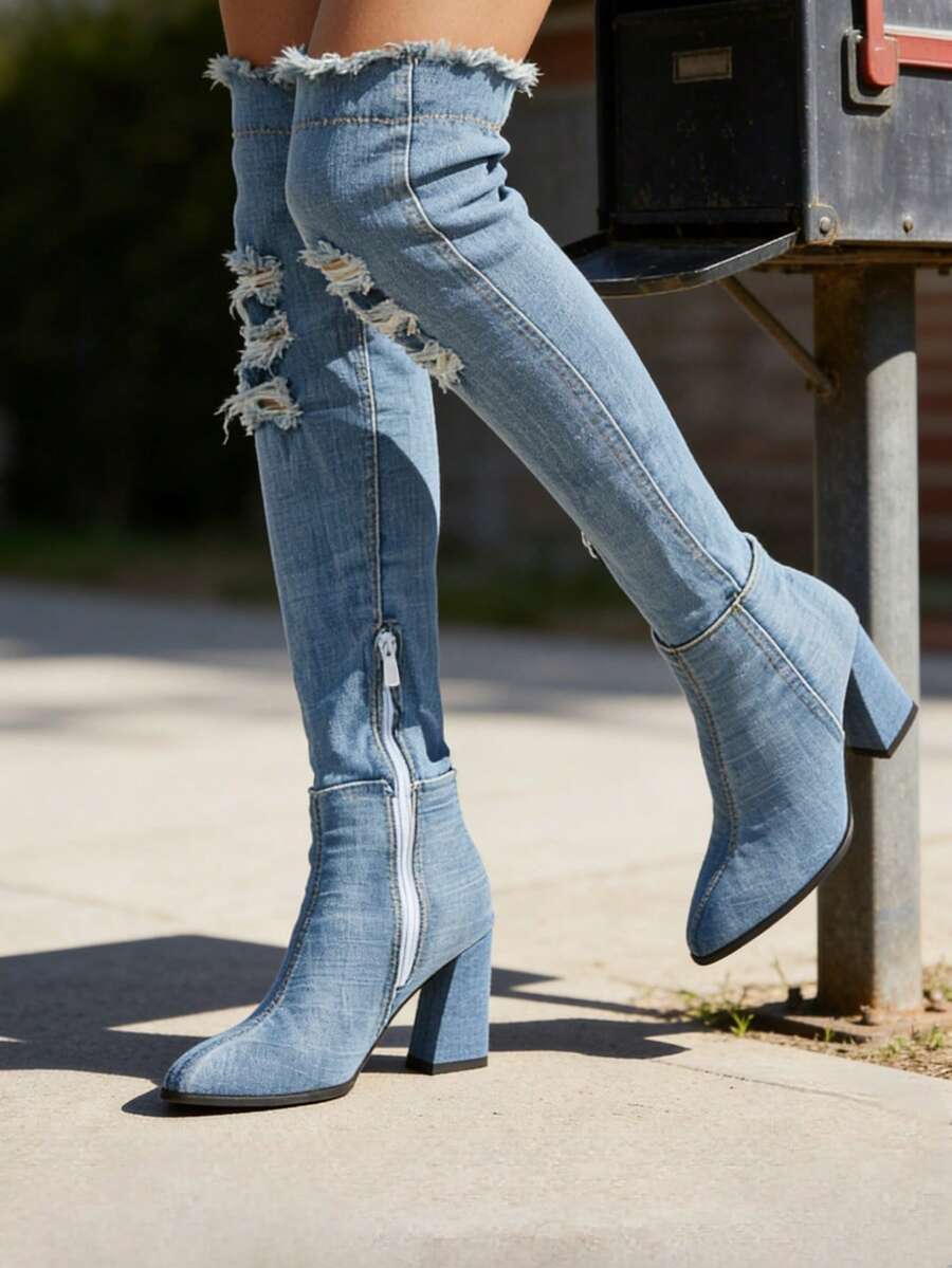 Women's Denim Thigh High Boots Pointed Toe Chunky High Heel Tall Bots Cutout Over The Knee Boots Block Heel Blue Jean Boots With Side Zipper Dress Shoes - 淺藍色 - 查看 1