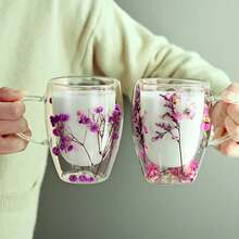 Taza de vidrio de doble capa con patrón de flores creativas, taza de café con aislamiento de borosilicato alto, vasos de cocina, accesorios para el hogar - Púrpura estrellado - Ver 12